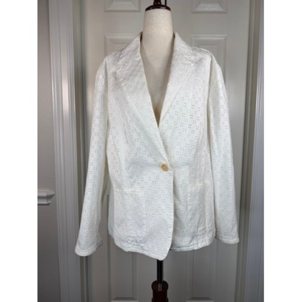 Talbots Woman Ivory Eyelet Blazer Jacket White Cotton Stretch Size 18W